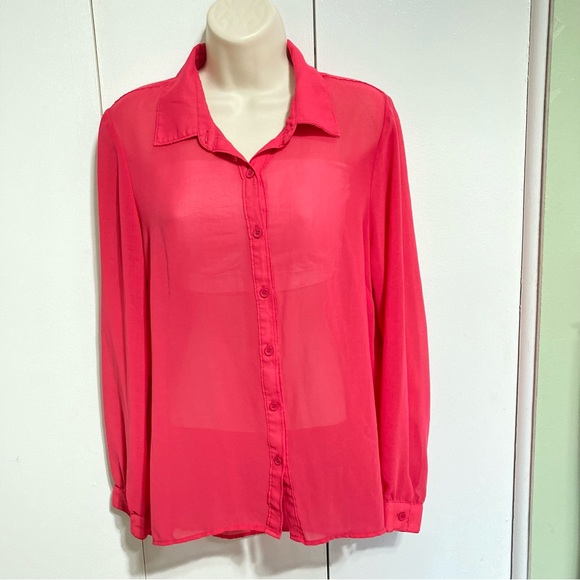 Freebird Button Down Semi Sheer Pink Salamander Blouse Top Women's Large - Picture 7 of 12